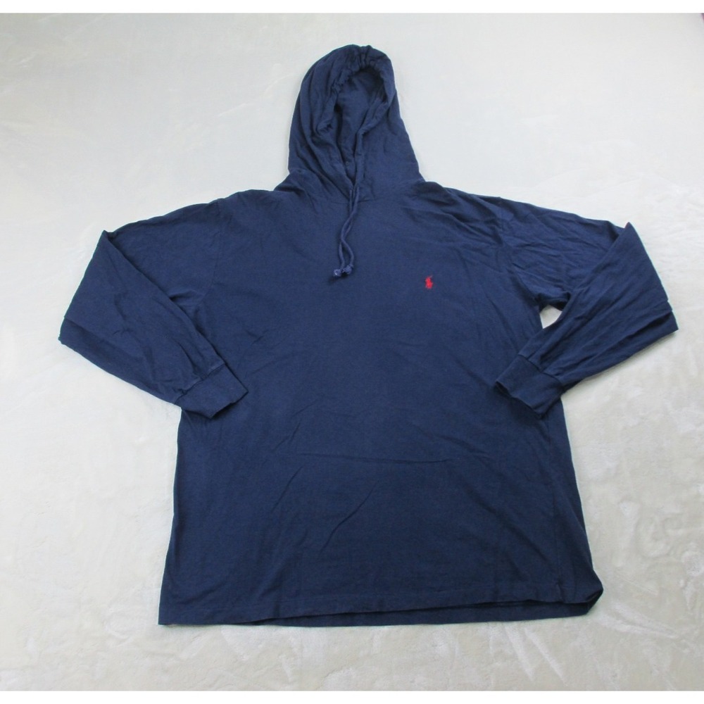 VINTAGE Ralph Lauren Shirt Mens Medium Blue Pony Long Sleeve Hooded Made In USA*